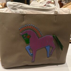 Tory Burch Beige Tote with Colorful Horse Design